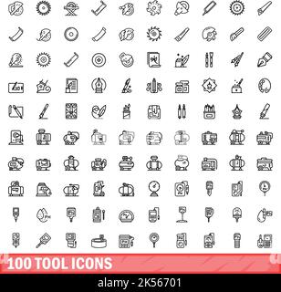 100 Werkzeugsymbole eingestellt. Skizzieren Sie die Darstellung von 100 Werkzeugsymbolen, die auf weißem Hintergrund isoliert sind Stock Vektor