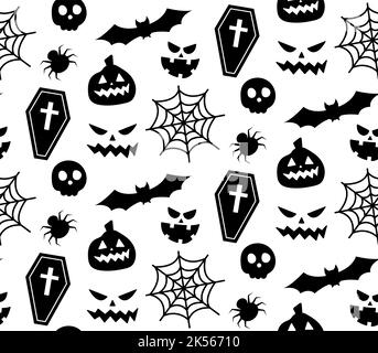 Nahtlos wiederholendes Muster mit Halloween-Symbolen. Design von Silhouetten für den Urlaub Halloween. Für Postkarte, Stoff, Banner, Vorlage, Verpackung Stock Vektor