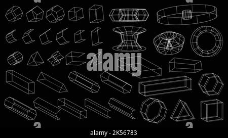 Set von abstrakten geometrischen Technologieelementen im Cyberpunk-Stil. Retro Vintage Kollektion 3D virtuelles digitales Design. Textur 80s vr. Futuristisch Stock Vektor