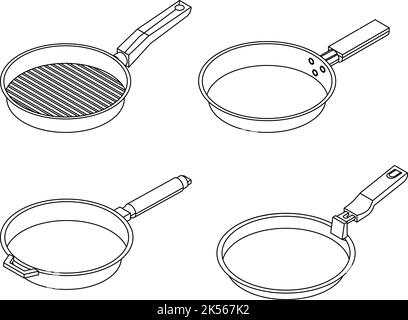 Symbol für Grillpfanne gesetzt. Isometrischer Satz von Griddle-Pan-Vektorsymbolen umreißen isoliert auf weißem Hintergrund Stock Vektor