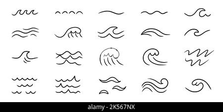 „Wave Sea Line Doodle“-Symbol-Set. Handgezeichnete Skizze Wasserwellenumriss. Einfache Kurve, kritzelte Wasserströmung. Isolierte Vektordarstellung. Stock Vektor