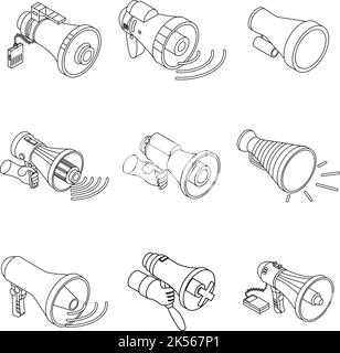Symbol für Megaphon eingestellt. Isometrischer Satz von Megaphon-Vektorsymbolen umreißen isoliert auf weißem Hintergrund Stock Vektor