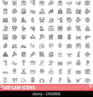 100 Symbole für Gesetze festgelegt. Skizzieren Sie die Darstellung von 100 Gesetzensymbolen, die auf weißem Hintergrund isoliert sind Stock Vektor