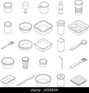 Plastik Geschirr Icons Set. Isometrischer Satz von Kunststoff-Geschirr Vektor-Symbole umreißen isoliert auf weißem Hintergrund Stock Vektor