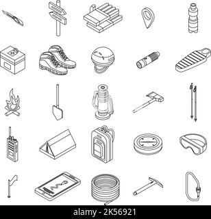 Symbole für Bergsteigerausrüstung. Isometrischer Satz von Vektor-Symbolen für Bergsteigerausrüstung auf weißem Hintergrund Stock Vektor