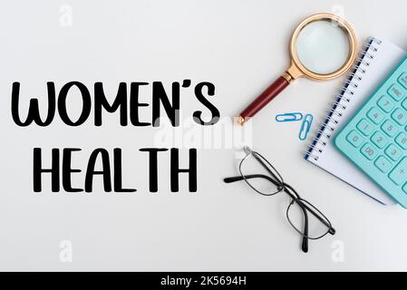 Schreiben Anzeigetext Women'S Health, Geschäftskonzept körperliche Gesundheit von Frauen Konsequenz Krankheit vermeiden Stockfoto