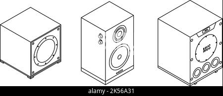Stereosystem-Symbole eingestellt. Isometrischer Satz von Stereosystem-Vektorsymbolen umreißen isoliert auf weißem Hintergrund Stock Vektor