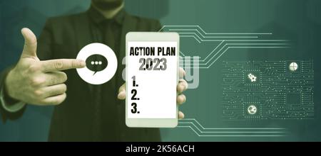 Konzeptunterschrift Aktionsplan 2023, Liste der zu befolgenden Geschäftskonzepte enthält eine Reihe von Maßnahmen, die im nächsten Jahr erledigt werden sollen Stockfoto