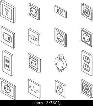 Symbole für Netzsteckdose eingestellt. Isometrischer Satz von Stromsteckdose-Vektorsymbolen, die isoliert auf weißem Hintergrund dargestellt werden Stock Vektor
