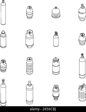 Symbole für Gasflaschen eingestellt. Isometrischer Satz von Vektorsymbolen für Gasflaschen, die isoliert auf weißem Hintergrund dargestellt werden Stock Vektor