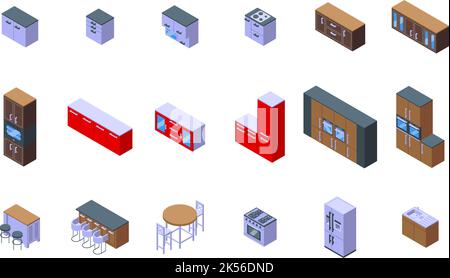 Symbole für Kücheninseln setzen den isometrischen Vektor. Inneneinrichtung des Apartments. Designleuchte Stock Vektor