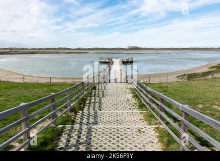 Knokke Heist, Flämische Region - Belgien - 04 03 2021 Aktive Frau, die einen hölzernen Pier in einem Naturschutzgebiet am Meer entlang läuft Stockfoto