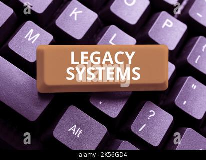 Schild, das Legacy-Systeme, Geschäftsidee Buch oder andere Sammlung von Finanzkonten flache Steinplatte zeigt Stockfoto