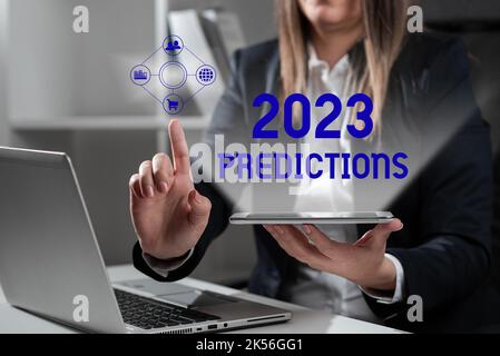 Text mit Inspiration 2023 Vorhersagen, Konzept bedeutet Liste von Dingen, die Sie glauben, dass ohne Beweis passieren wird Stockfoto