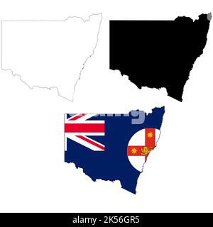 Karte von New South Wales mit Flagge. Die Flagge von New South Wales bildet das Territorium ab. Übersichtskarte New South Wales. Flacher Stil. Stockfoto