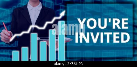 Handgeschriebener Text You'Re invited, Word written on Bitte begleiten Sie uns in unserer Feier Willkommen sei ein Gast Stockfoto