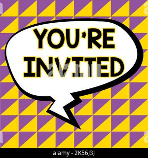 Handgeschriebener Text You'Re invited, Word written on Bitte begleiten Sie uns in unserer Feier Willkommen sei ein Gast Stockfoto