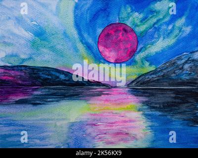 Fantasy Nacht abstrakte Landschaft, Aquarell Malerei Stockfoto