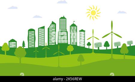 Grüne Stadt mit Windenergie und Sonnenkollektoren. Denken Sie grün. Ökologische Stadt und Umweltschutz. Rette die Welt. Vektorgrafik. Stock Vektor