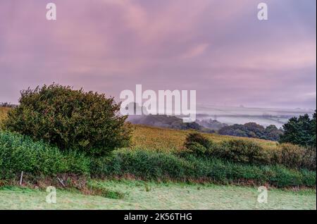 Ein wunderschöner, warmer, farbenfroher Herbsthimmel am frühen Morgen, der über nebelbeladene Hügel/Maisfelder in South East Cornwall in der Nähe der Looe-Mündung überrollt wurde. Stockfoto