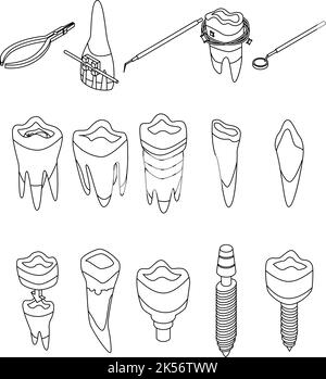 Symbole zur Zahnwiederherstellung eingestellt. Isometrische Vektorsymbole für Zahnrestaurationen, die isoliert auf weißem Hintergrund dargestellt werden Stock Vektor