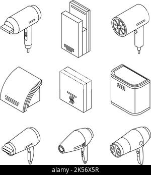Trocknersymbole eingestellt. Isometrischer Satz von Trocknervektorsymbolen, die isoliert auf weißem Hintergrund dargestellt werden Stock Vektor
