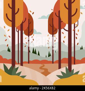 Herbstliche Waldlandschaft mit Pfad. Bukolisches goldenes Licht. Bäume in einer Reihe mit fallenden Blättern. Vektorgrafik, flaches Design Stock Vektor