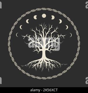 Baum des Lebens und Mondphasen esoterisches Emblem. Vektorgrafik isoliert auf Schwarz Stock Vektor