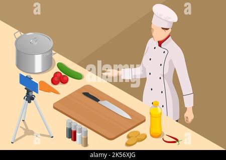 Isometrischer Koch, der Video auf der Kamera in der Küche aufführt. Chef in White Uniform, Food Blogger oder Cooking Video Blog. Online Kochkurse Für Köche. Stock Vektor