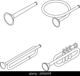 Trompetensymbole eingestellt. Isometrischer Satz von Trompetenvektorsymbolen umreißen isoliert auf weißem Hintergrund Stock Vektor