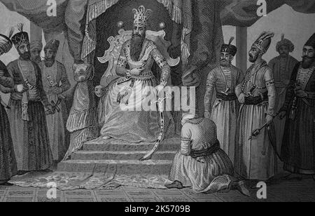 Osmanisches Reich. Türkei. Sultan empfing im Gerichtssaal des Topkapi-Palastes Berater. Istanbul. Gravur 19. Jahrhundert. Stockfoto