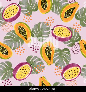 Tropisches Fruchtmuster mit Aquarell-Papaya, Passionsfrucht und Palmblättern. Stock Vektor