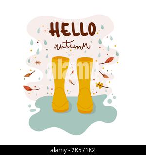 Hallo Herbst. Gelbe Gummistiefel in einer Pfütze. Fallende Blätter und Regen. Vektorgrafik, flaches Design Stock Vektor