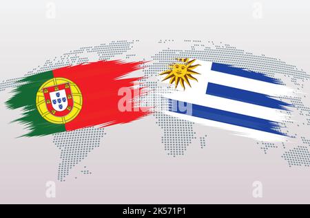 Portugal vs Uruguay Fußball in Flaggen-Design auf der Weltkarte Hintergrund für Fußballturnier, Vektor für Sportmatch Vorlage oder Banner. Stock Vektor