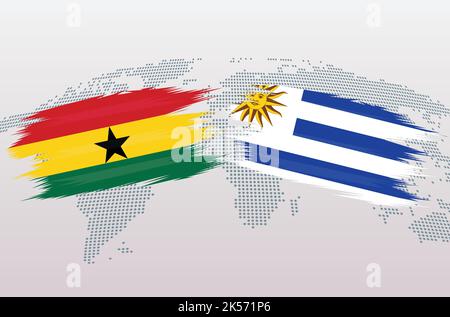 Fußball Ghana vs Uruguay in Flaggen-Design auf der Weltkarte Hintergrund für Fußballturnier, Vektor für Sportmatch Vorlage oder Banner. Stock Vektor