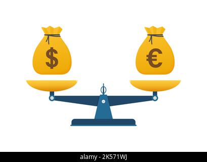 US-Dollar vs. Euro per Saldo. Skaliert mit Geld. Vektorgrafik. Stock Vektor