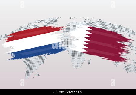Niederlande vs Katar Fußball im Flaggendesign auf Katar Skyline Hintergrund für Fußballturnier, Vektor für Sportmatch Vorlage oder Banner. Stock Vektor