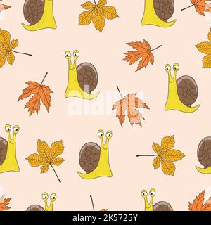 Nahtloses Herbstmuster mit Cartoon-Schnecken und Ahornblättern. Kindlicher Vektorhintergrund Stock Vektor