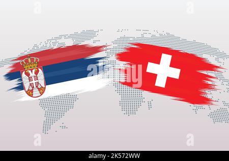 Fußball Serbien vs Schweiz in Flaggen-Design auf der Weltkarte Hintergrund für Fußballturnier, Vektor für Sportmatch Vorlage oder Banner. Stock Vektor