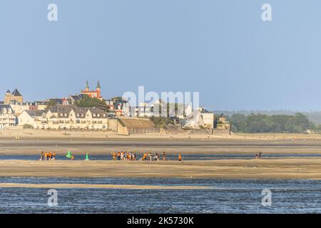 Frankreich, Somme, Somme Bay, Le Hourdel, Le Crotoy von Le Hourdel aus gesehen bei Ebbe warten Kajakfahrer auf die Ankunft der Flut und die steigende Flut, die sie zurück zum Hafen am Fuße der Bucht bringen wird Stockfoto