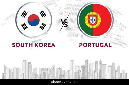 Südkorea vs Portugal Fußball in Flaggen-Design auf Katar Skyline Hintergrund für Fußballturnier, Vektor für Sportmatch Vorlage oder Banner. Stock Vektor