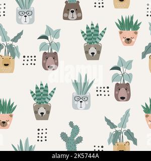Nahtlose Cartoon-Pflanzen in Töpfen als Bär Gesicht Muster. Stock Vektor