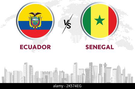 Fußballball Ecuador vs Senegal im Flaggendesign auf der Skyline von Katar im Hintergrund für Fußballturnier, Vektor für Sportmatch-Vorlage oder Banner. Stock Vektor