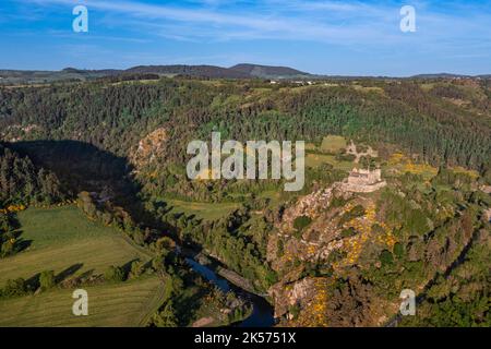 Frankreich, Haute Loire, Goudet, Beaufort das um 1200 erbaute Schloss blickt auf das Loire-Tal und führt mit einem Esel auf dem Robert Louis Stevenson Trail (GR 70) (Luftaufnahme) Stockfoto