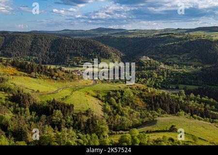 Frankreich, Haute Loire, Goudet, Beaufort das um 1200 erbaute Schloss blickt auf das Loire-Tal und führt mit einem Esel auf dem Robert Louis Stevenson Trail (GR 70) (Luftaufnahme) Stockfoto