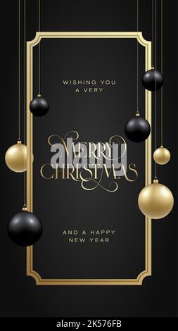 Weihnachtsgeschichten Vektor-Werbevorlage. Saison Promo Hintergrund Szene mit realistischen schwarzen und goldenen Kugeln und klassischen Rahmen Winterferien Stock Vektor
