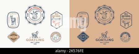 Goat Cattle Farm Retro Gerahmte Abzeichen Logo Vorlagen Sammlung. Handgezeichnete Ziegentier- und Ziegengesicht-Tierskizzen mit Retro-Typografie. Vintage Stock Vektor