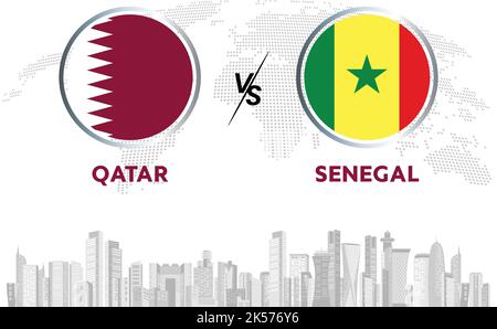 Qatar vs Senegal Fußball in Flaggen-Design auf Katar Skyline Hintergrund für Fußballturnier, Vektor für Sportmatch Vorlage oder Banner. Stock Vektor