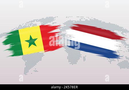 Fußball im Senegal vs. Niederlande im Flaggen-Design auf der Weltkarte für Fußballturnier, Vektor für Sportmatch-Vorlage oder Banner. Stock Vektor