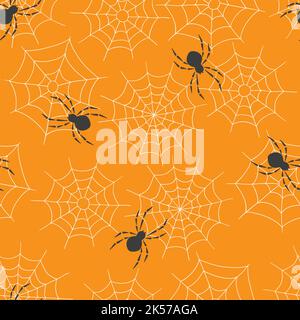 Nahtloses Muster mit Spinnen im Netz. Halloween-Druck. Stock Vektor